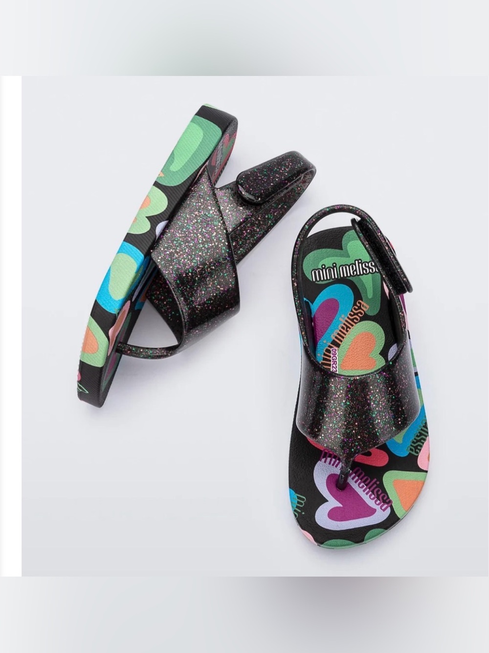 Mini Melissa Black Glitter Sandals with Multicolor Heart Insole